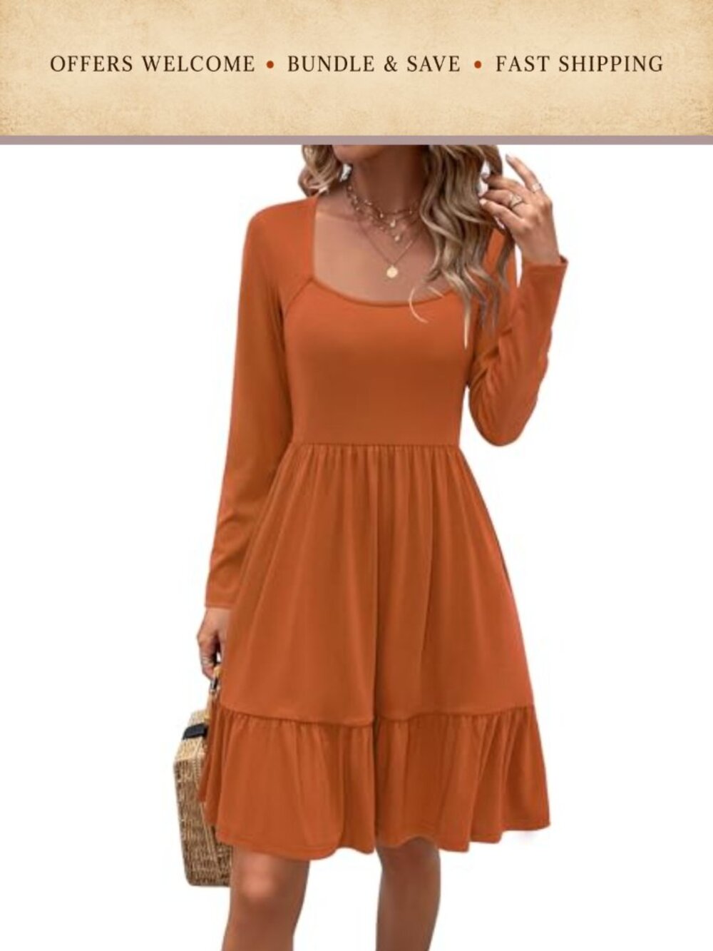 Women's Long Sleeve Square Neck A-Line Midi Dress with Pockets